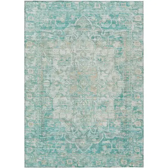 Teal Blue And Ivory Floral Medallion Washable Indoor Outdoor Area Rug Photo 1
