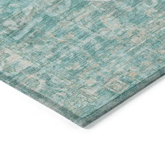 Teal Blue And Ivory Floral Medallion Washable Indoor Outdoor Area Rug Photo 9