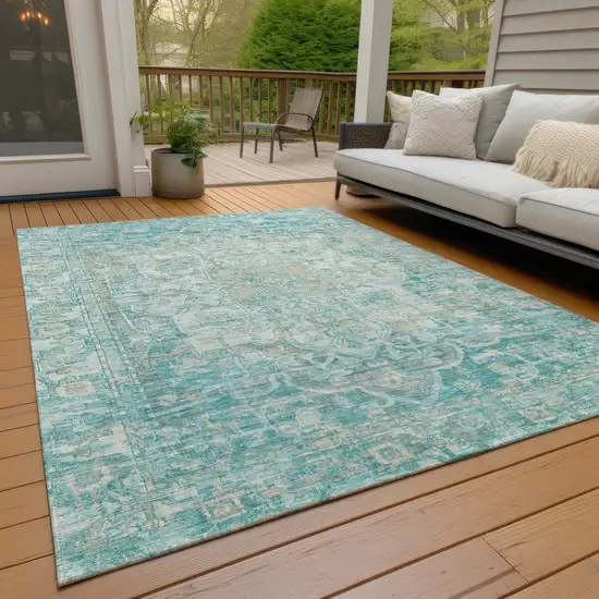 Teal Blue And Ivory Floral Medallion Washable Indoor Outdoor Area Rug Photo 8