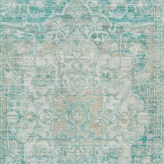 Teal Blue And Ivory Floral Medallion Washable Indoor Outdoor Area Rug Photo 4
