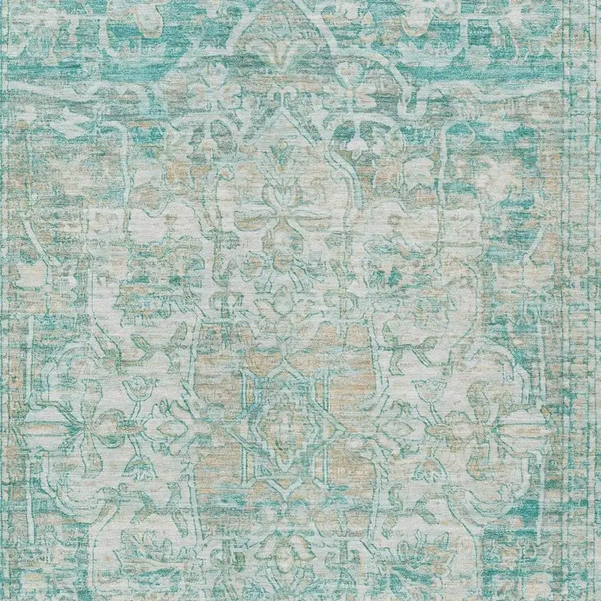 Teal Blue And Ivory Floral Medallion Washable Indoor Outdoor Area Rug Photo 4