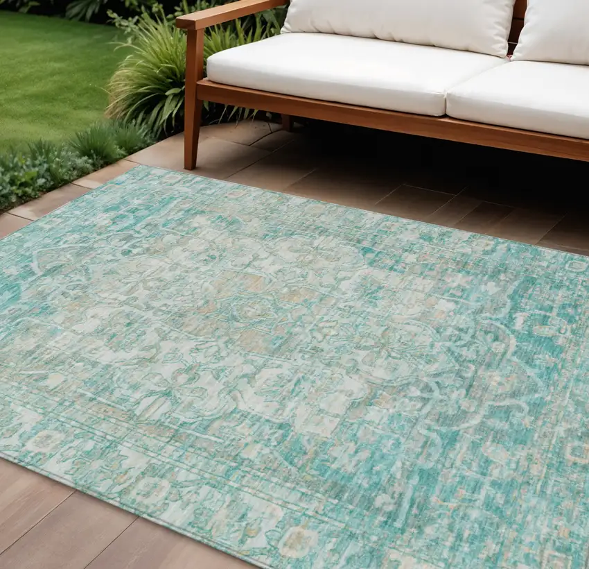 Teal Blue And Ivory Floral Medallion Washable Indoor Outdoor Area Rug Photo 2