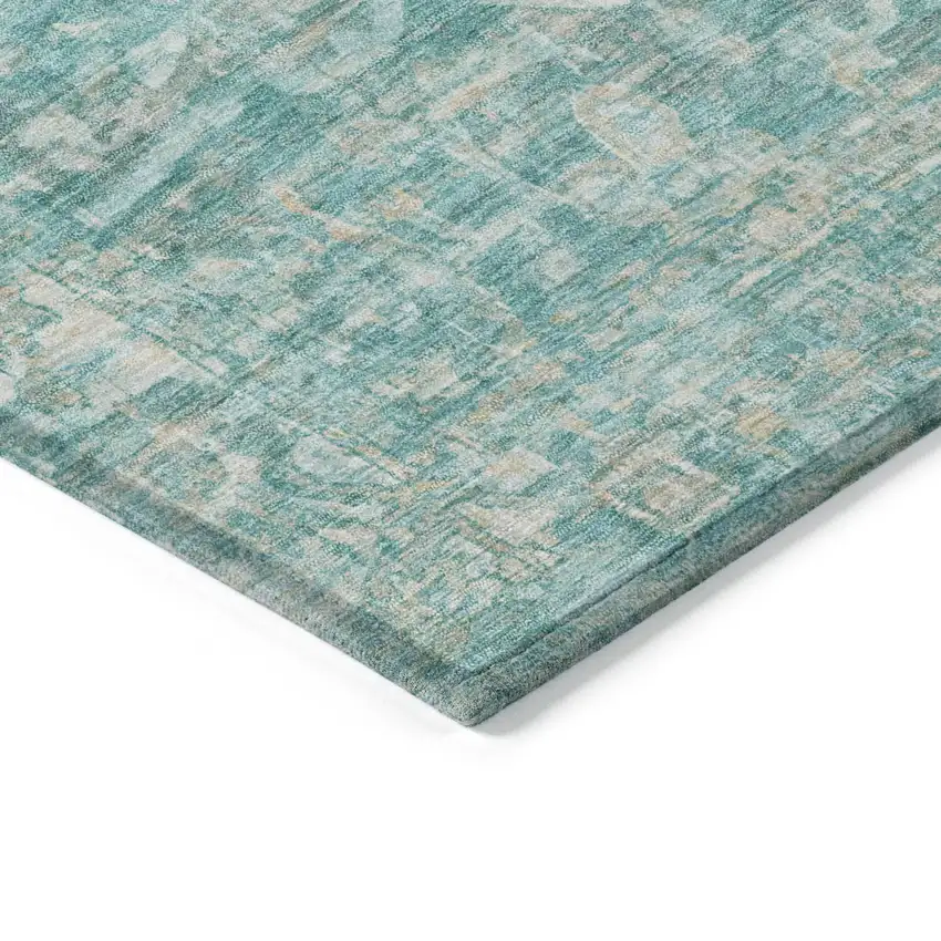 Teal Blue And Ivory Floral Medallion Washable Indoor Outdoor Area Rug Photo 9