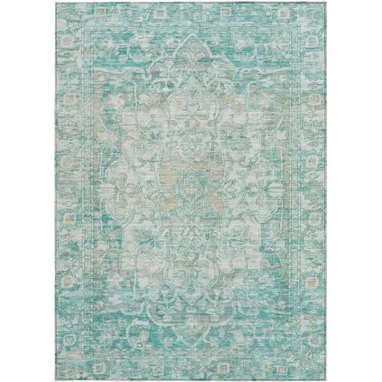 Teal Blue And Ivory Floral Medallion Washable Indoor Outdoor Area Rug Photo 4