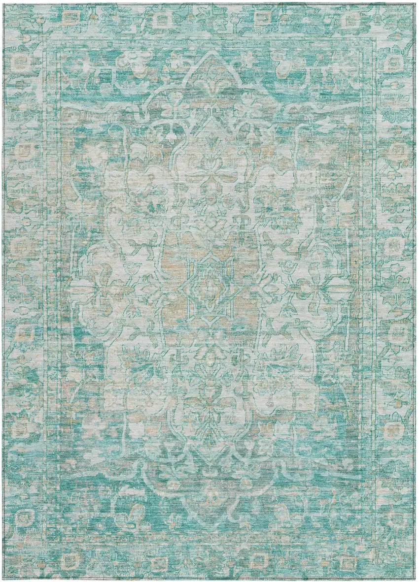 Teal Blue And Ivory Floral Medallion Washable Indoor Outdoor Area Rug Photo 4