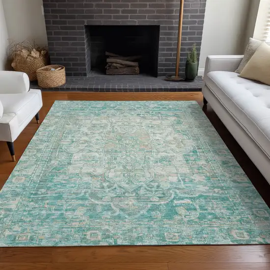 Teal Blue And Ivory Floral Medallion Washable Indoor Outdoor Area Rug Photo 7