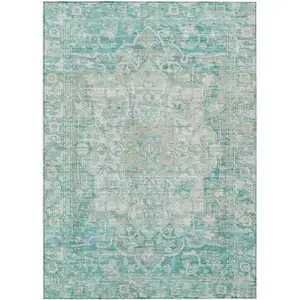Photo of Teal Blue And Ivory Floral Medallion Washable Indoor Outdoor Area Rug