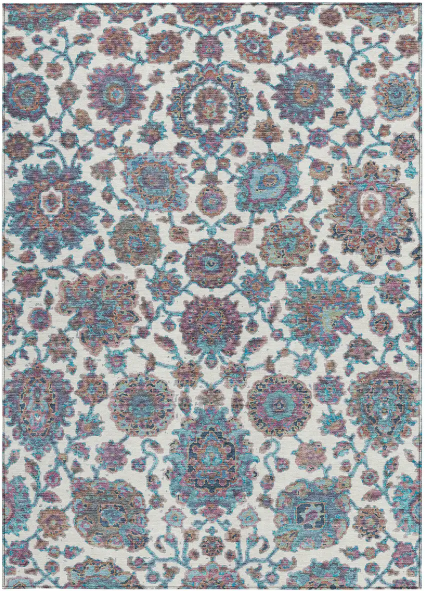Teal Blue And Ivory Floral Medallion Washable Indoor Outdoor Area Rug Photo 3