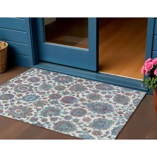 Teal Blue And Ivory Floral Medallion Washable Indoor Outdoor Area Rug Photo 2