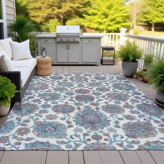 Teal Blue And Ivory Floral Medallion Washable Indoor Outdoor Area Rug Photo 8