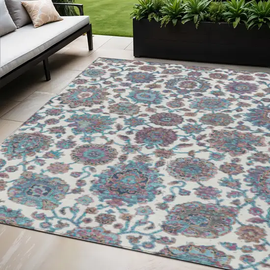 Teal Blue And Ivory Floral Medallion Washable Indoor Outdoor Area Rug Photo 2