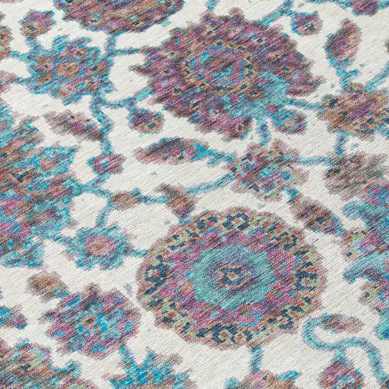 Teal Blue And Ivory Floral Medallion Washable Indoor Outdoor Area Rug Photo 6