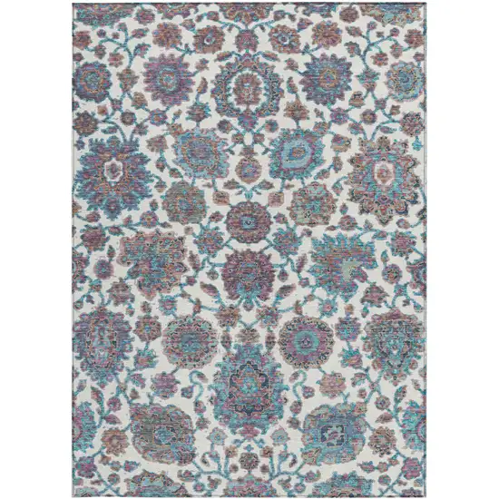 Teal Blue And Ivory Floral Medallion Washable Indoor Outdoor Area Rug Photo 3