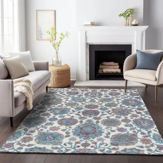 Teal Blue And Ivory Floral Medallion Washable Indoor Outdoor Area Rug Photo 9