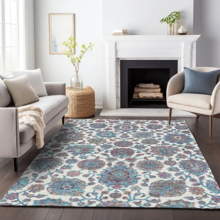 Teal Blue And Ivory Floral Medallion Washable Indoor Outdoor Area Rug Photo 9