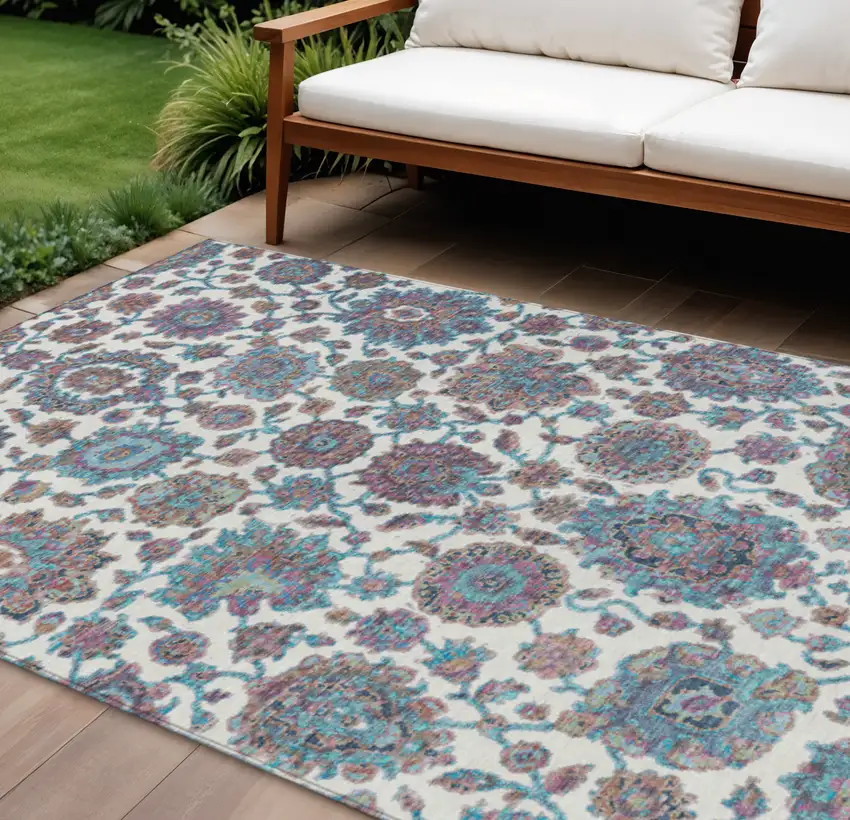 Teal Blue And Ivory Floral Medallion Washable Indoor Outdoor Area Rug Photo 2