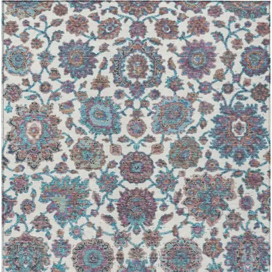 Teal Blue And Ivory Floral Medallion Washable Indoor Outdoor Area Rug Photo 5