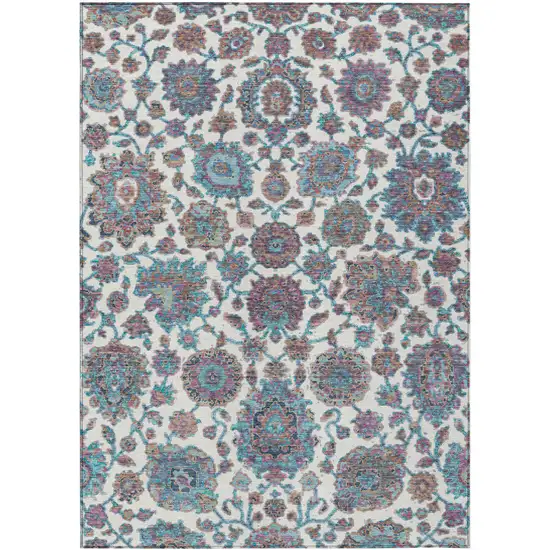 Teal Blue And Ivory Floral Medallion Washable Indoor Outdoor Area Rug Photo 1