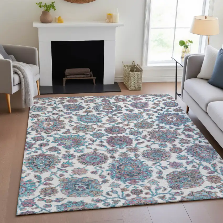Teal Blue And Ivory Floral Medallion Washable Indoor Outdoor Area Rug Photo 8
