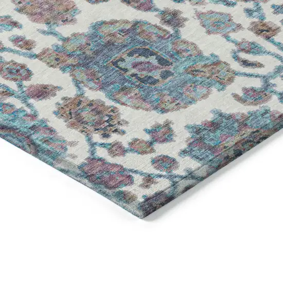 Teal Blue And Ivory Floral Medallion Washable Indoor Outdoor Area Rug Photo 5