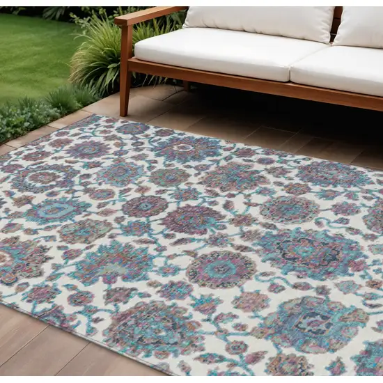 Teal Blue And Ivory Floral Medallion Washable Indoor Outdoor Area Rug Photo 2