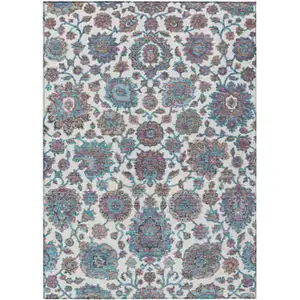 Photo of Teal Blue And Ivory Floral Medallion Washable Indoor Outdoor Area Rug
