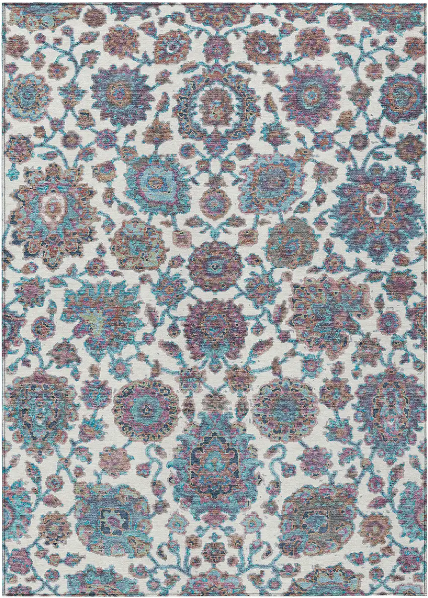 Teal Blue And Ivory Floral Medallion Washable Indoor Outdoor Area Rug Photo 1