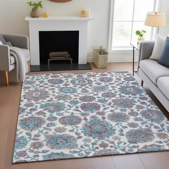 Teal Blue And Ivory Floral Medallion Washable Indoor Outdoor Area Rug Photo 7