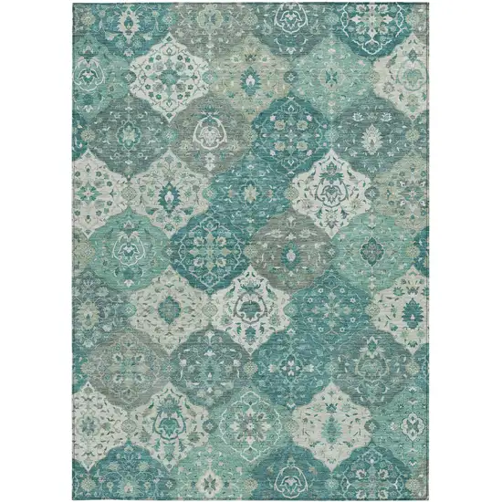 Teal Blue And Ivory Floral Medallion Washable Indoor Outdoor Area Rug Photo 5
