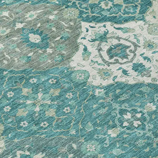 Teal Blue And Ivory Floral Medallion Washable Indoor Outdoor Area Rug Photo 8
