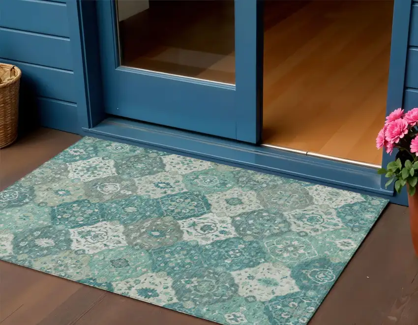 Teal Blue And Ivory Floral Medallion Washable Indoor Outdoor Area Rug Photo 1