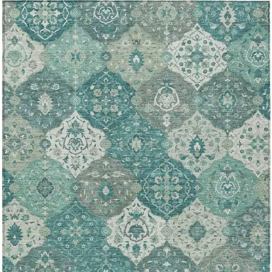 Teal Blue And Ivory Floral Medallion Washable Indoor Outdoor Area Rug Photo 4