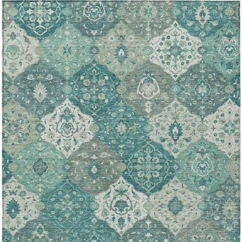 Teal Blue And Ivory Floral Medallion Washable Indoor Outdoor Area Rug Photo 4