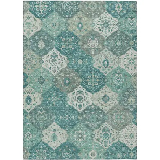 Teal Blue And Ivory Floral Medallion Washable Indoor Outdoor Area Rug Photo 2