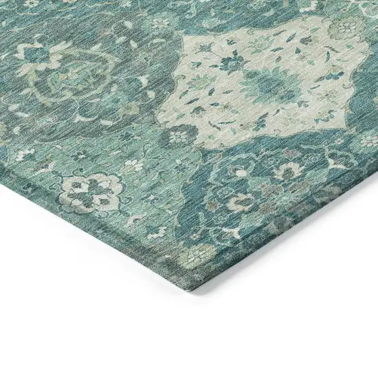 Teal Blue And Ivory Floral Medallion Washable Indoor Outdoor Area Rug Photo 6