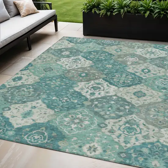 Teal Blue And Ivory Floral Medallion Washable Indoor Outdoor Area Rug Photo 1