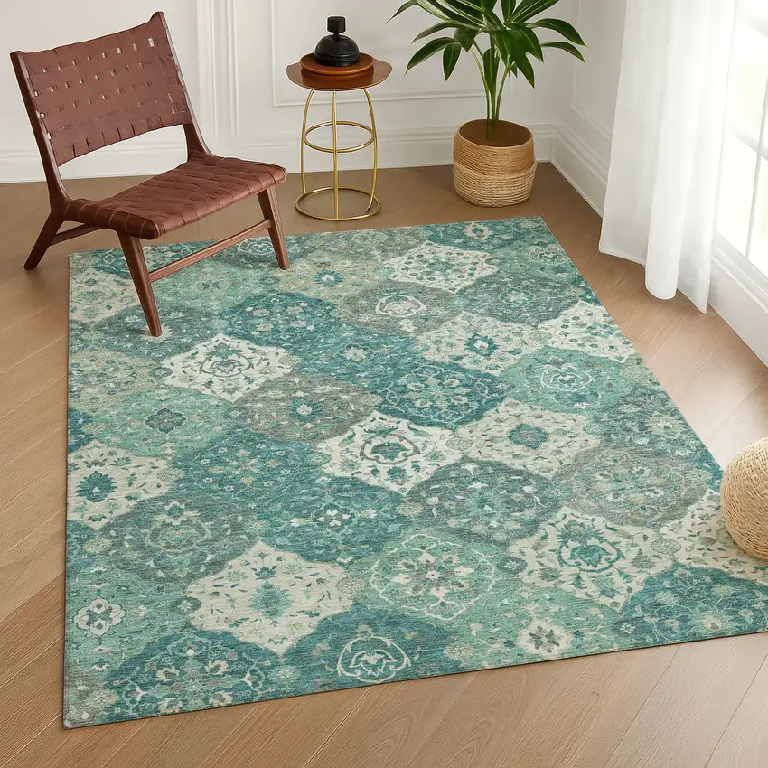 Teal Blue And Ivory Floral Medallion Washable Indoor Outdoor Area Rug Photo 9
