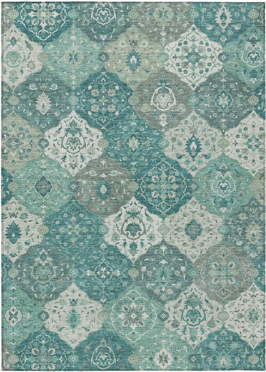 Teal Blue And Ivory Floral Medallion Washable Indoor Outdoor Area Rug Photo 2