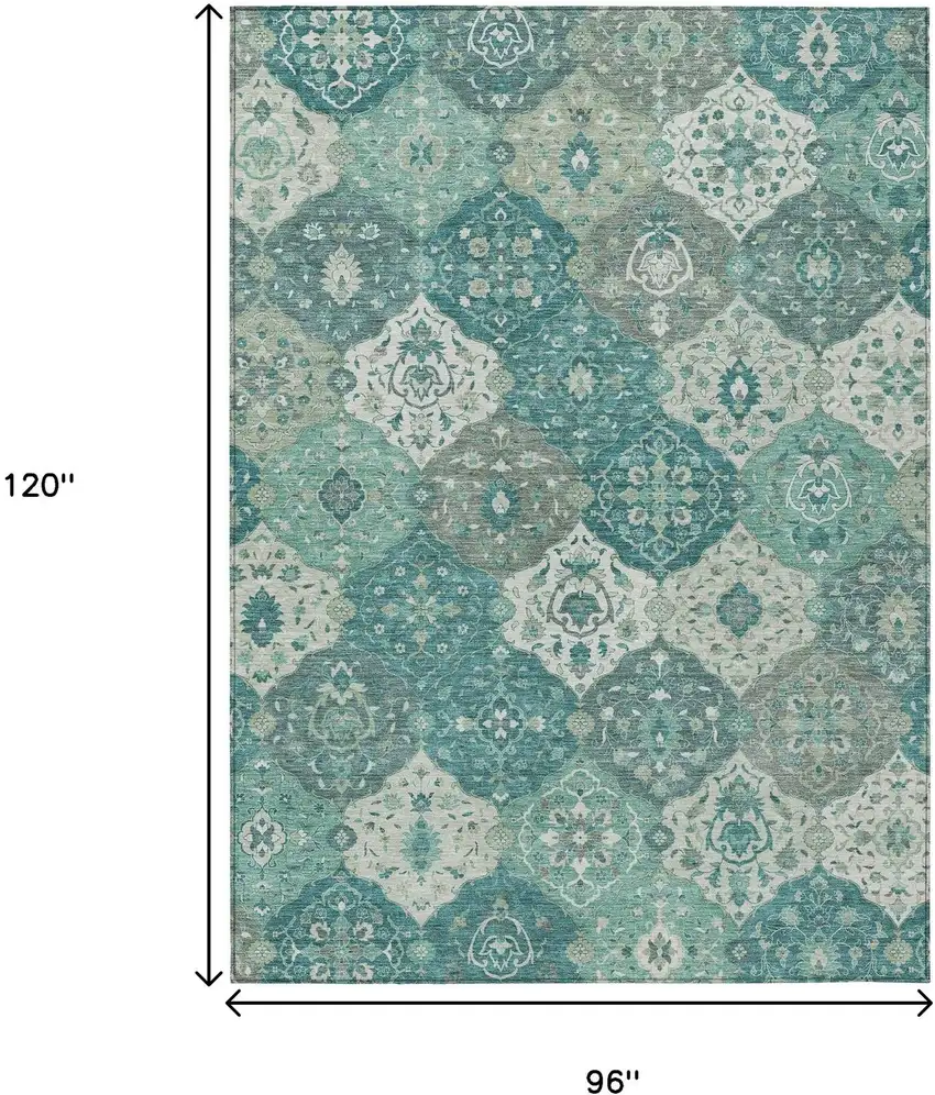 Teal Blue And Ivory Floral Medallion Washable Indoor Outdoor Area Rug Photo 3