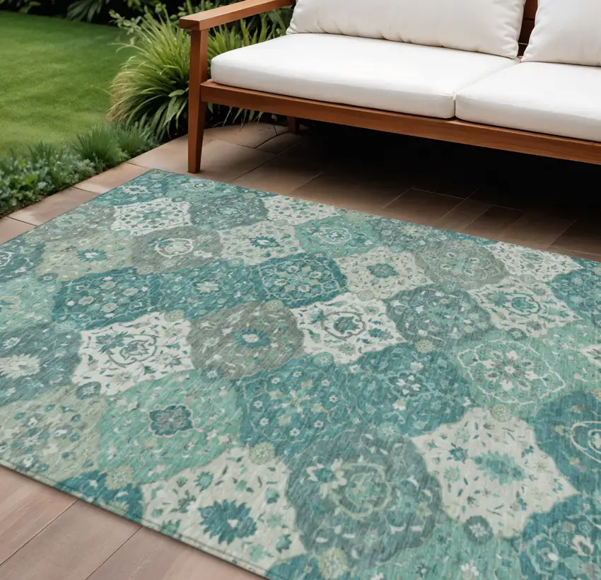 Teal Blue And Ivory Floral Medallion Washable Indoor Outdoor Area Rug Photo 1