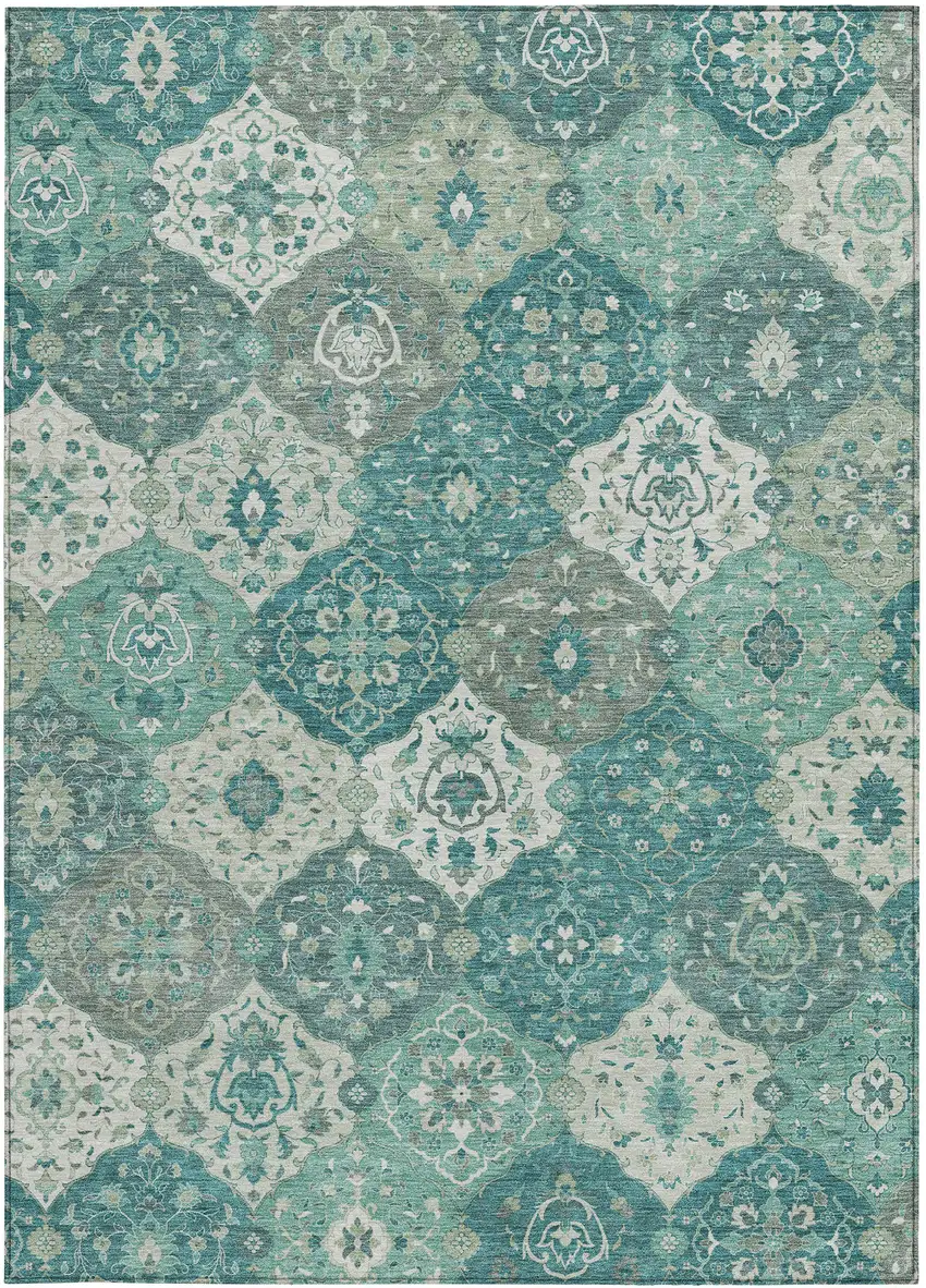 Teal Blue And Ivory Floral Medallion Washable Indoor Outdoor Area Rug Photo 5