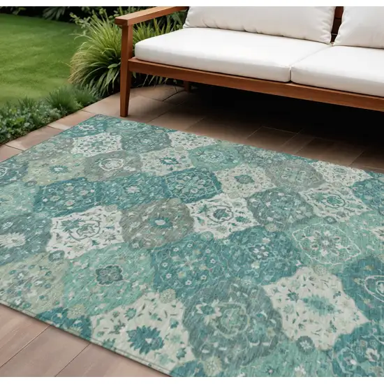 Teal Blue And Ivory Floral Medallion Washable Indoor Outdoor Area Rug Photo 1