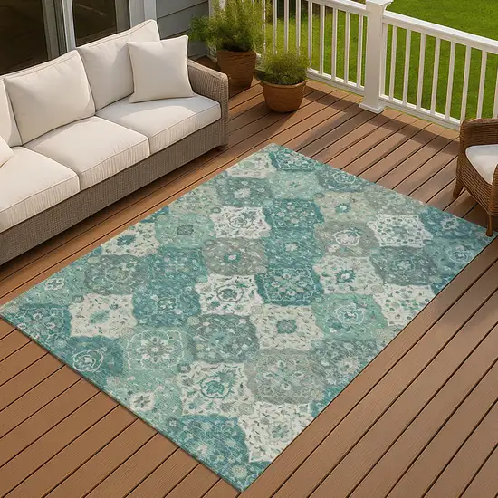 Teal Blue And Ivory Floral Medallion Washable Indoor Outdoor Area Rug Photo 9