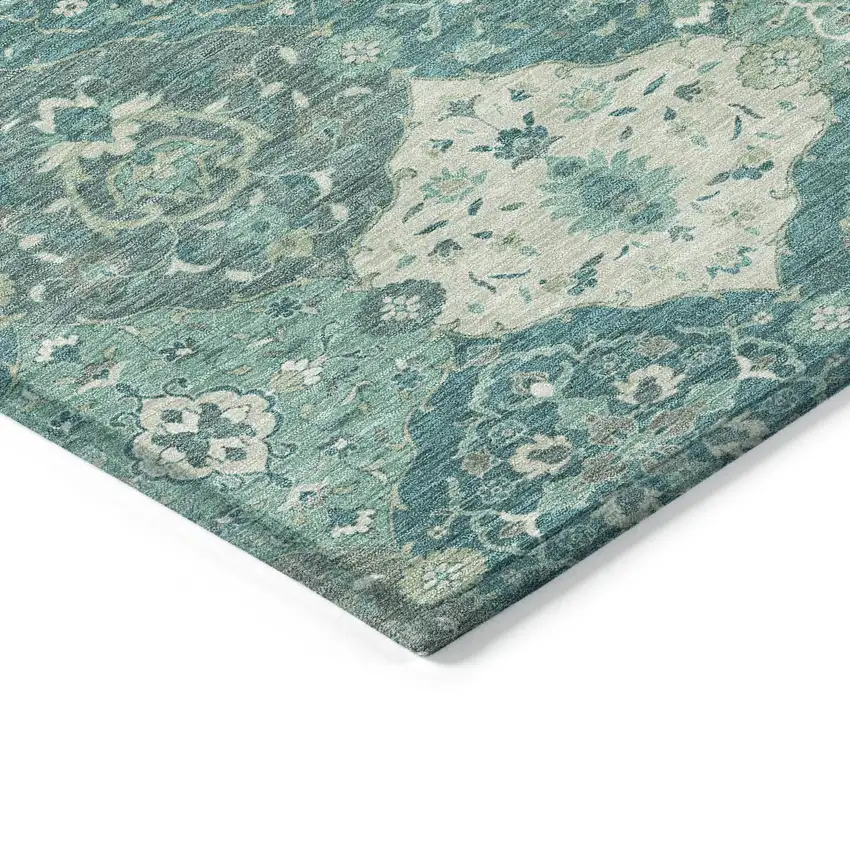 Teal Blue And Ivory Floral Medallion Washable Indoor Outdoor Area Rug Photo 7