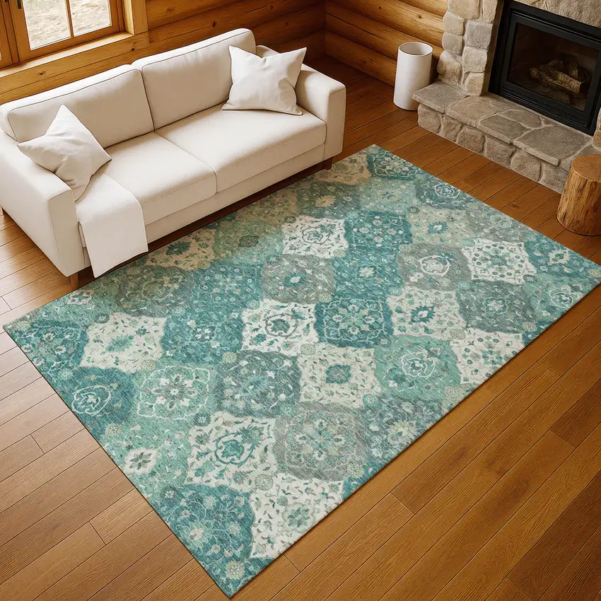 Teal Blue And Ivory Floral Medallion Washable Indoor Outdoor Area Rug Photo 9