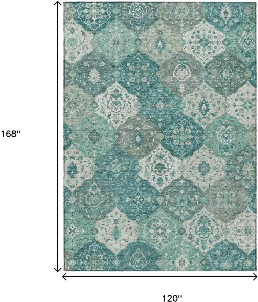 Teal Blue And Ivory Floral Medallion Washable Indoor Outdoor Area Rug Photo 3
