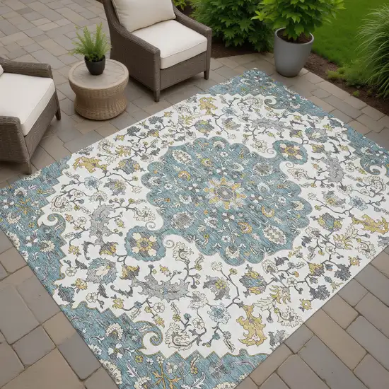 Teal Blue And Ivory Floral Medallion Washable Indoor Outdoor Area Rug Photo 7