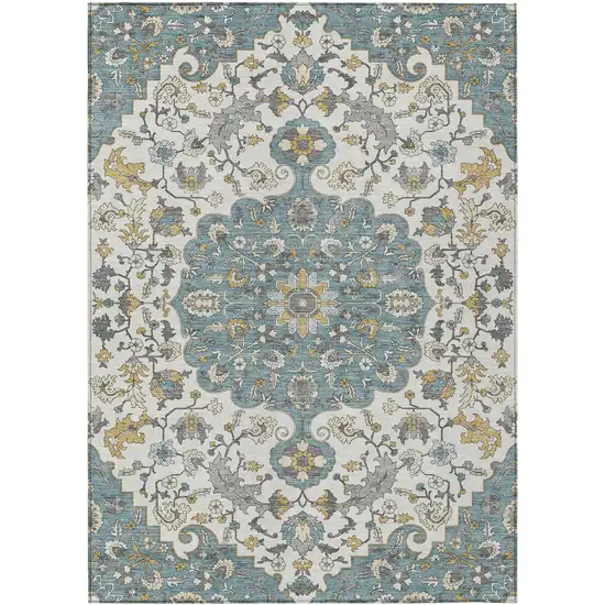 Teal Blue And Ivory Floral Medallion Washable Indoor Outdoor Area Rug Photo 8