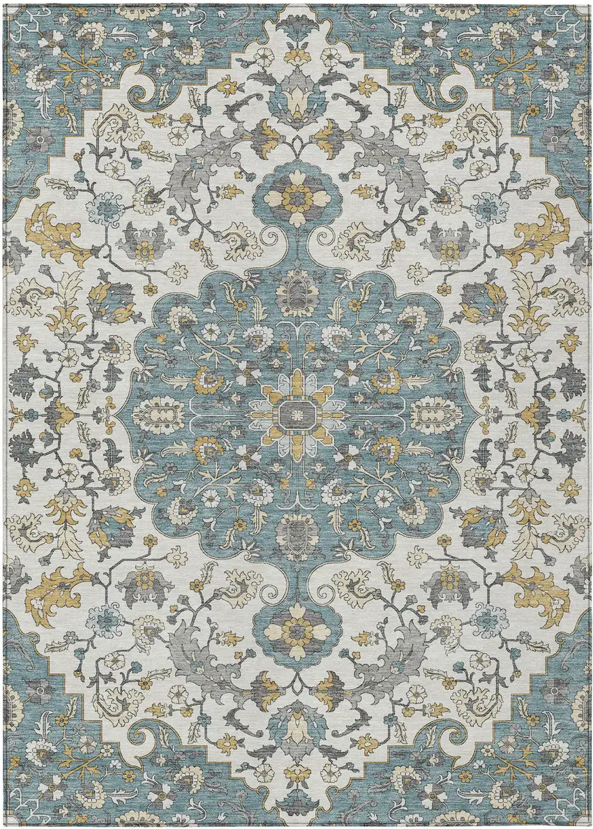 Teal Blue And Ivory Floral Medallion Washable Indoor Outdoor Area Rug Photo 8