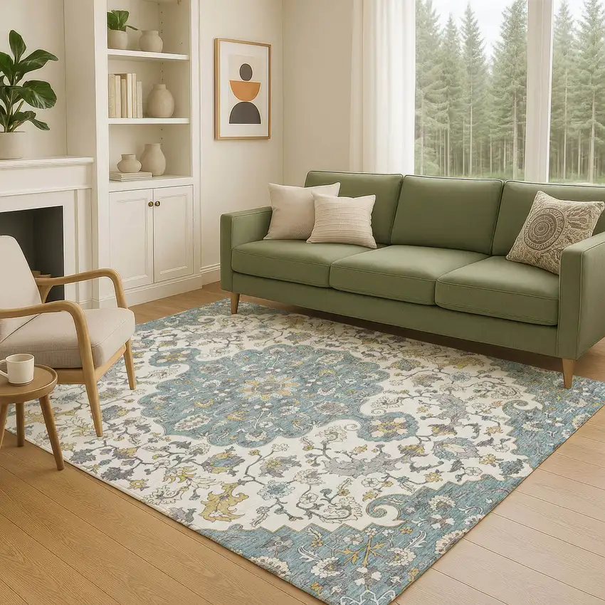 Teal Blue And Ivory Floral Medallion Washable Indoor Outdoor Area Rug Photo 5